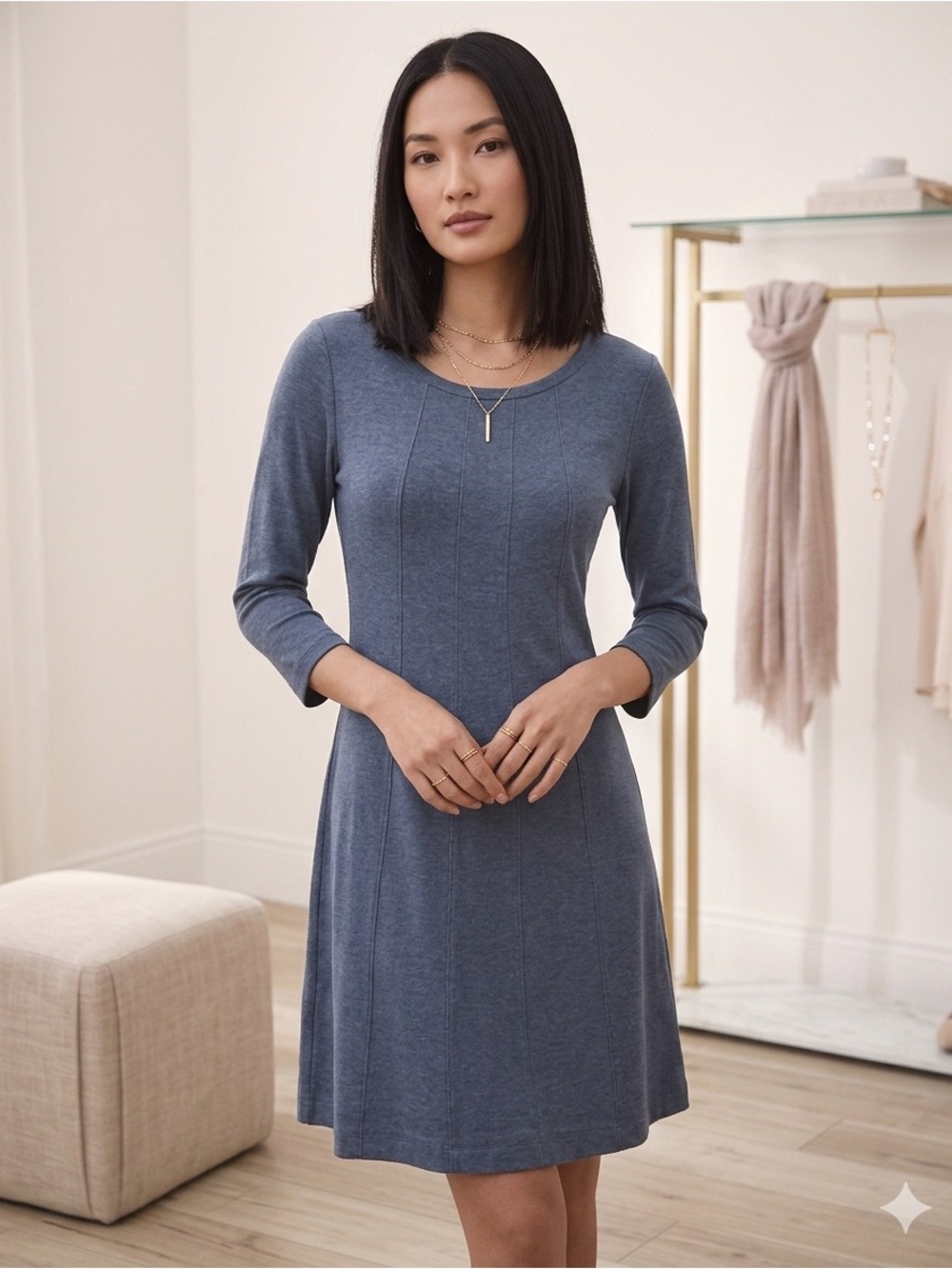 J. JILL Dress Women's Size Small Blue Midi Sweater 3/4 Sleeve Knit Dress Stretch